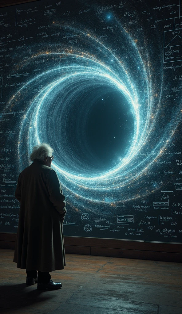 First proposed in Einstein’s theory of general relativity, wormholes remain hypothetical since we’ve never observed one. Depict Albert Einstein standing before a cosmic blackboard filled with equations, with a glowing wormhole in the background