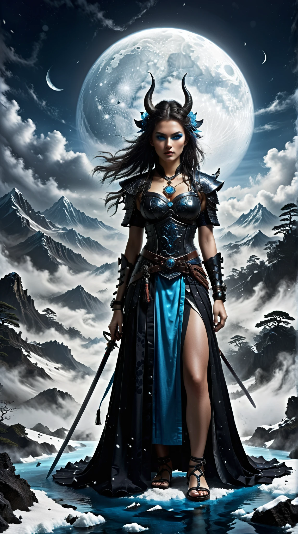  Portrait of a Fierce Samurai Woman，Extremely Beautiful Face ， Aqua Blue Eyes ， wearing black ， Bright Angles ，Blackened ，powder， Sapphire Heart Pendant ，sportswear， Waterproof Silk Sandals ， Horned Headgear ， Foot Armor ， Warrior Style ，palace， Fog Lamp ，Snow Moon Law， Masterpiece ， Unbeatable Quality ，Complex design， Best Artistry ， Ultra High Resolution 