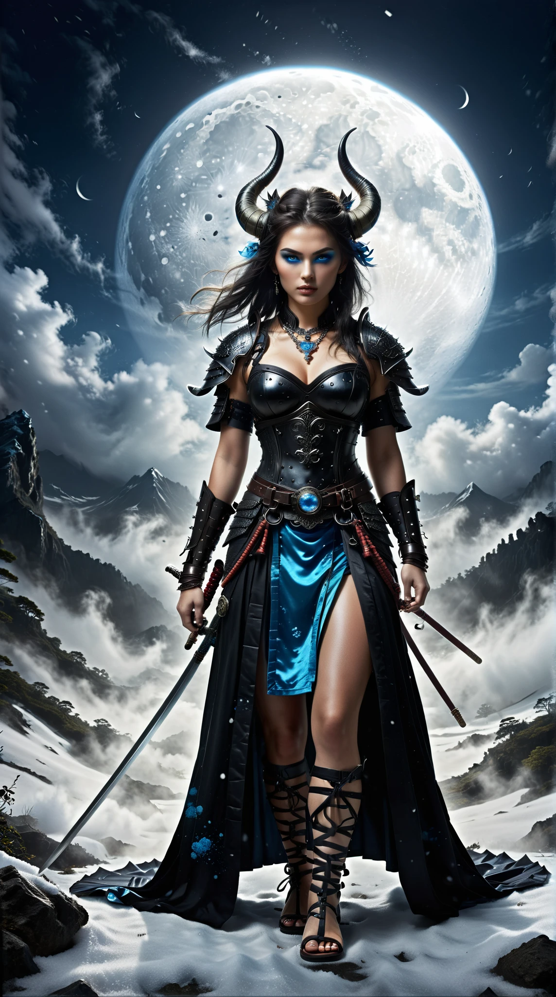  Portrait of a Fierce Samurai Woman，Extremely Beautiful Face ， Aqua Blue Eyes ， wearing black ， Bright Angles ，Blackened ，powder， Sapphire Heart Pendant ，sportswear， Waterproof Silk Sandals ， Horned Headgear ， Foot Armor ， Warrior Style ，palace， Fog Lamp ，Snow Moon Law， Masterpiece ， Unbeatable Quality ，Complex design， Best Artistry ， Ultra High Resolution 