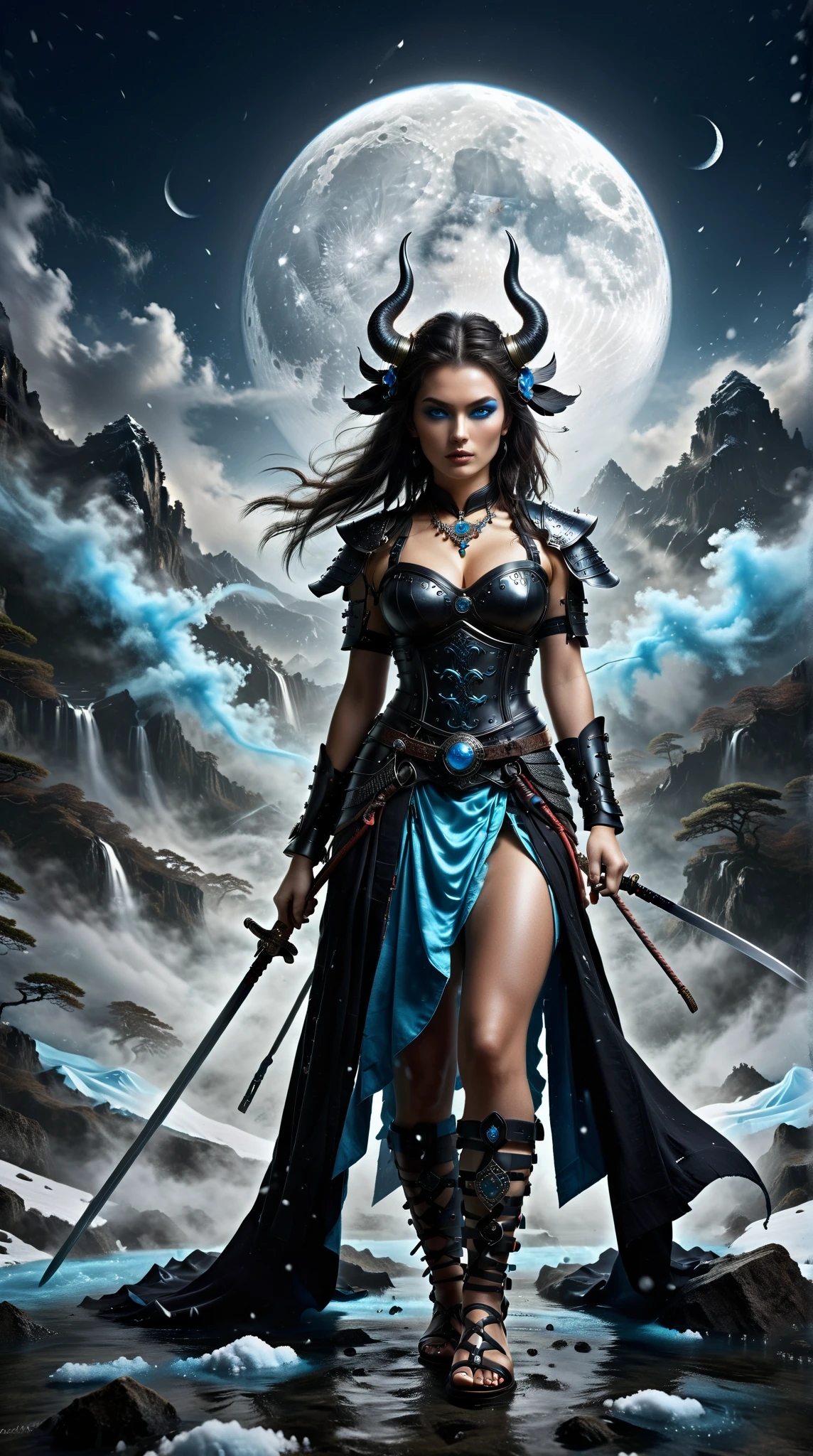  Portrait of a Fierce Samurai Woman，Extremely Beautiful Face ， Aqua Blue Eyes ， wearing black ， Bright Angles ，Blackened ，powder， Sapphire Heart Pendant ，sportswear， Waterproof Silk Sandals ， Horned Headgear ， Foot Armor ， Warrior Style ，palace， Fog Lamp ，Snow Moon Law， Masterpiece ， Unbeatable Quality ，Complex design， Best Artistry ， Ultra High Resolution 