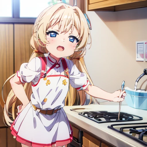 ((4K,  Masterpiece ,  top quality )),  cute, light blond hair,  blue eyes, Extra Long Twin Tail , laughs,Double tooth ,Closed Eyes, viewers,lens flare,  cuteエプロン, kitchen, Procreation、 nipples are visible