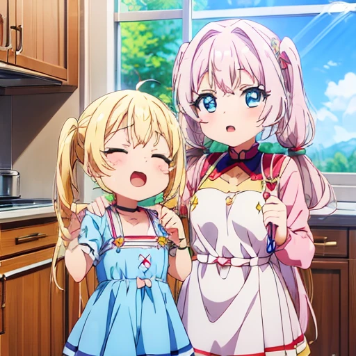 ((4K,  Masterpiece ,  top quality )),  cute, light blond hair,  blue eyes, Extra Long Twin Tail , laughs,Double tooth ,Closed Eyes, viewers,lens flare,  cuteエプロン, kitchen, Procreation、 nipples are visible