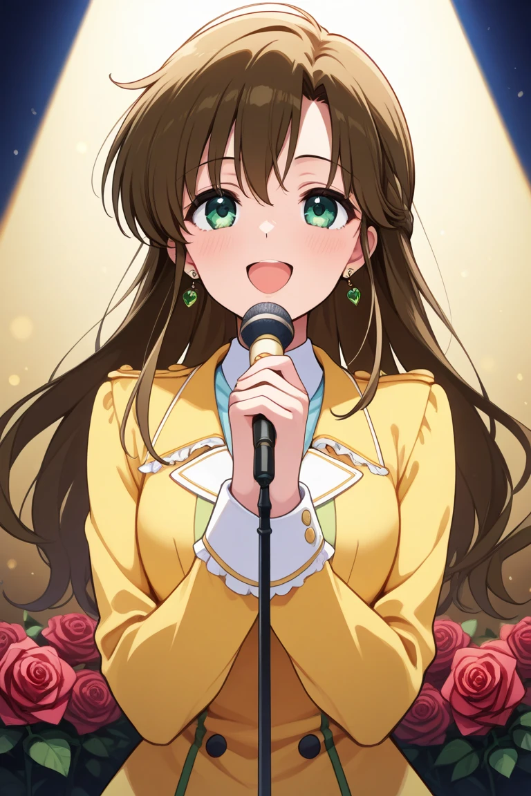 Kino Makoto , singing,  microphone looking at the spectator, smile,  brown hair ,  green eyes,  rose earrings , collect, 