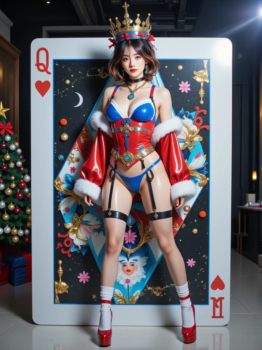 Portrait of a realistic, beautiful queen emerging from a large playing card depicting the Queen of Hearts. The queen is stepping out of the card, with half her body visible outside the card and half still inside. The playing card is upright and life-sized compared to the queen