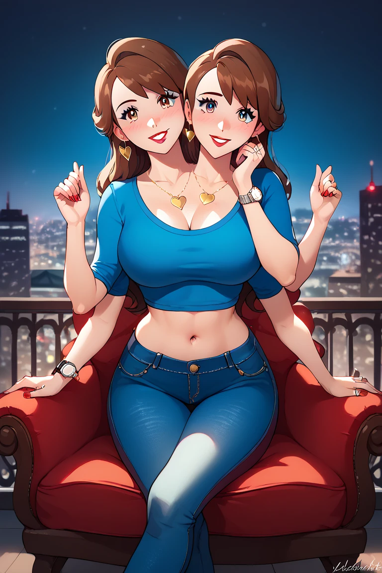 high resolution, highly detailed, perfect lighting, beautiful detailed eyes, ((masterpiece,best quality)), absurdres,      smile,  solo,  gloria (pokemon),  two heads, long hair, milf, blue shirt,jewelry, navel, heart shaped necklace, blue jeans official alternate costume,   curvy,  big breasts, cheek rub, blushing, earrings, wedding ring, city apartment, siting on chair, legs crossed, fancy wristwatch, silver eyeliner, red lips, red fingernails, 4 arms