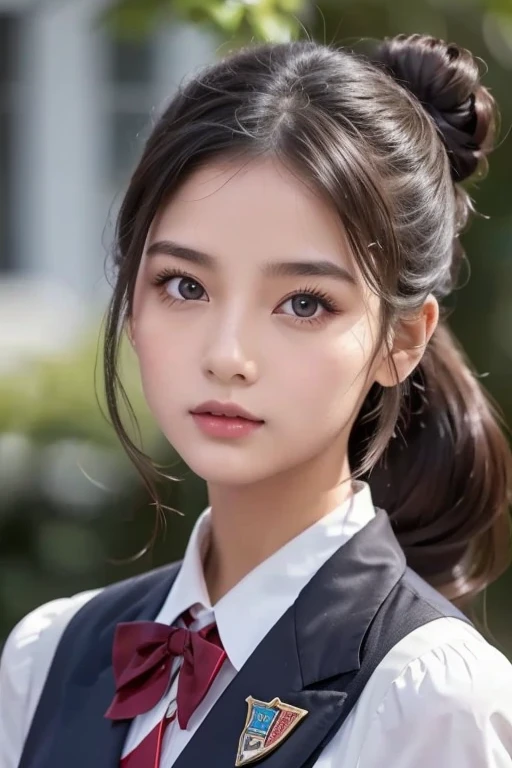   Brownish Black Hair  ,  dark eyes,  white skin,  face like a goose egg , atmospheric facial features ,  tall , Confident、Powerful,  toned and plump,  high school girl,  school uniform, Curly Hair, Hair Bun, With hairpin, Red Rose, Blue Butterfly, White Rabbit,  sign, Official Quality,  mysterious in another dimension, Light and Dark,  correct ratio, aesthetics,  vibe,