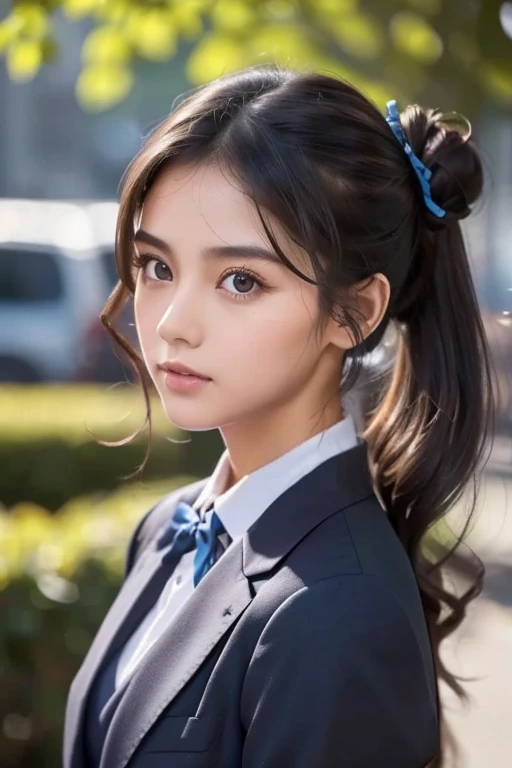   Brownish Black Hair  ,  dark eyes,  white skin,  face like a goose egg , atmospheric facial features ,  tall , Confident、Powerful,  toned and plump,  high school girl,  school uniform, Curly Hair, Hair Bun, With hairpin, Red Rose, Blue Butterfly, White Rabbit,  sign, Official Quality,  mysterious in another dimension, Light and Dark,  correct ratio, aesthetics,  vibe,