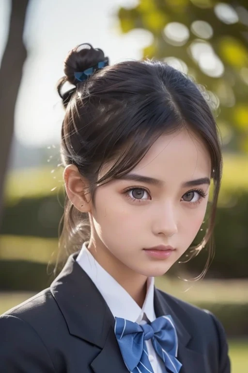   Brownish Black Hair  ,  dark eyes,  white skin,  face like a goose egg , atmospheric facial features ,  tall , Confident、Powerful,  toned and plump,  high school girl,  school uniform, Curly Hair, Hair Bun, With hairpin, Red Rose, Blue Butterfly, White Rabbit,  sign, Official Quality,  mysterious in another dimension, Light and Dark,  correct ratio, aesthetics,  vibe,