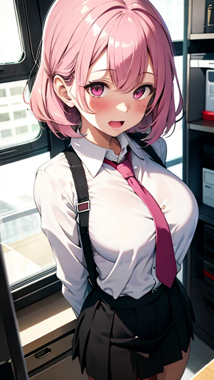 ((masterpiece, best quality)), (1girl),((mature female)), lightpink hair, halo, horn, ((office lady )),bangs,middle breast,(busty),slim,smile, [wide hips],office,standing, aru \(blue archive\),
