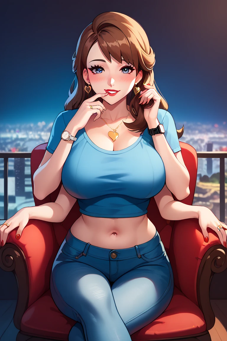 high resolution, highly detailed, perfect lighting, beautiful detailed eyes, ((masterpiece,best quality)), absurdres,      smile,  solo,  gloria (pokemon),  two heads, long hair, milf, blue shirt,jewelry, navel, heart shaped necklace, blue jeans official alternate costume,   curvy,  big breasts, cheek rub, blushing, earrings, wedding ring, city apartment, siting on chair, legs crossed, fancy wristwatch, silver eyeliner, red lips, red fingernails, 4 arms, playing with hair, finger biting