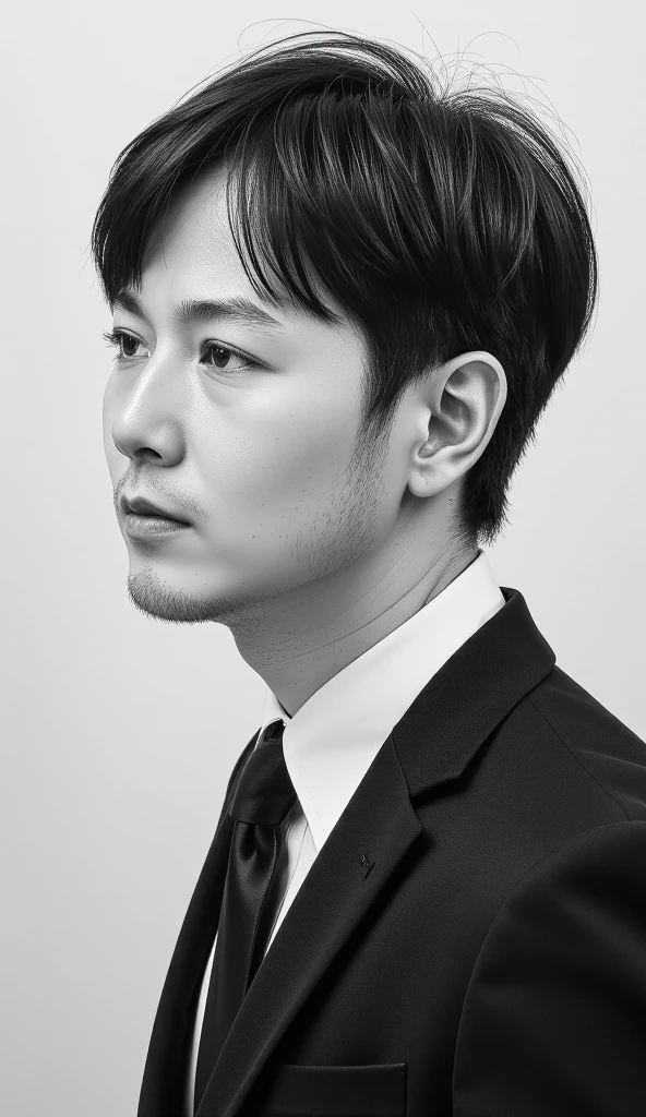 A pencil drawing he wear black suit. short hair.