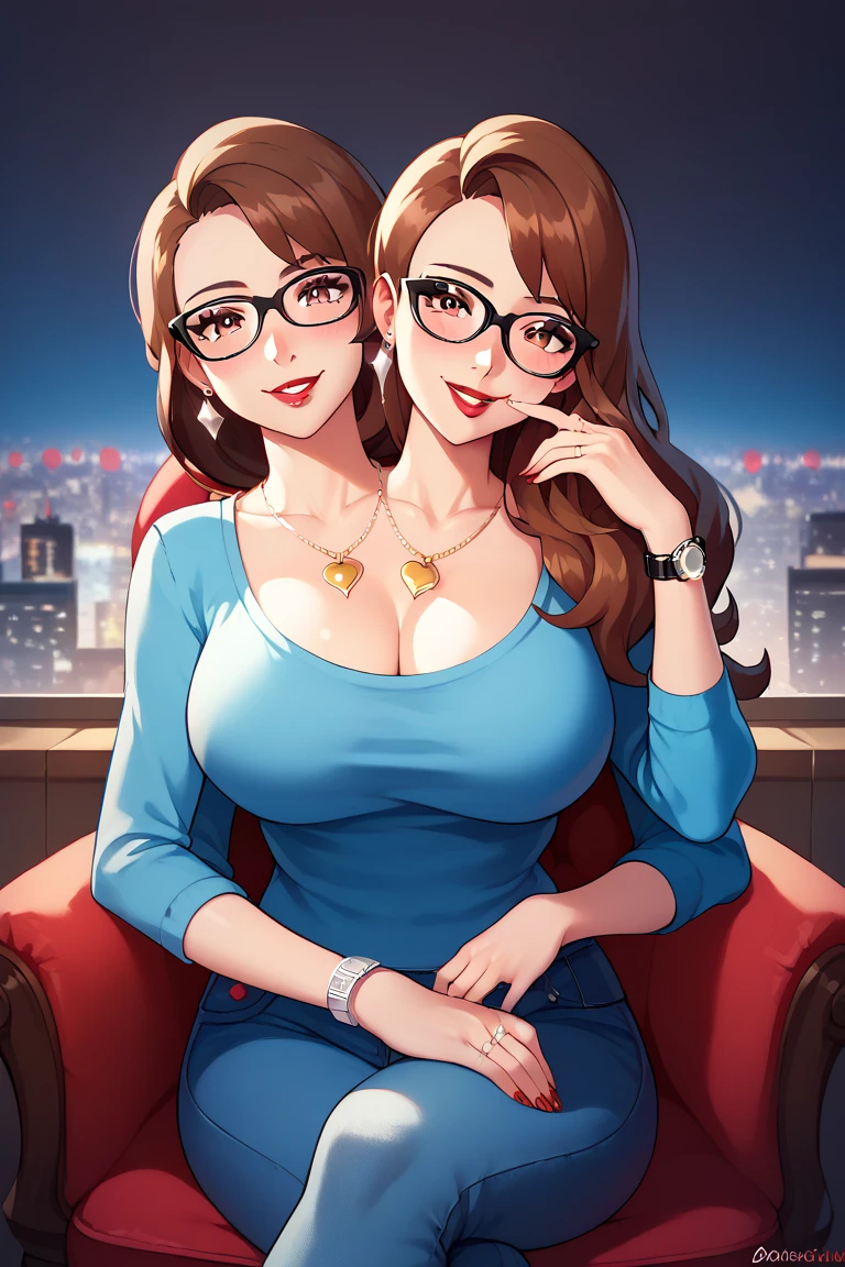 high resolution, highly detailed, perfect lighting, beautiful detailed eyes, ((masterpiece,best quality)), absurdres,      smile,  solo,  gloria (pokemon),  two heads, long hair, brown eyes, eyeglasses, milf, blue shirt, jewelry, heart shaped necklace, blue jeans official alternate costume,   curvy,  big breasts, cheek rub, blushing, earrings, wedding ring, city apartment, siting on chair, legs crossed, fancy wristwatch, silver eyeliner, red lips, red fingernails, 4 arms, playing with hair, finger biting