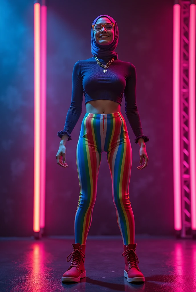objective, dark skin Woman Goddess with tapered tiny waist, sweater dress with neon leggings, 8K UHD, thick feminine curvature in lower body, immaculate jewelry, stunning volumetric ffog, no nudity, cellophane couture, Versace, Gucci, high details, face like Angela Bassett × Megan thee Stallion, brightly lit face, long neon braids with silver highlights, no nsfw  