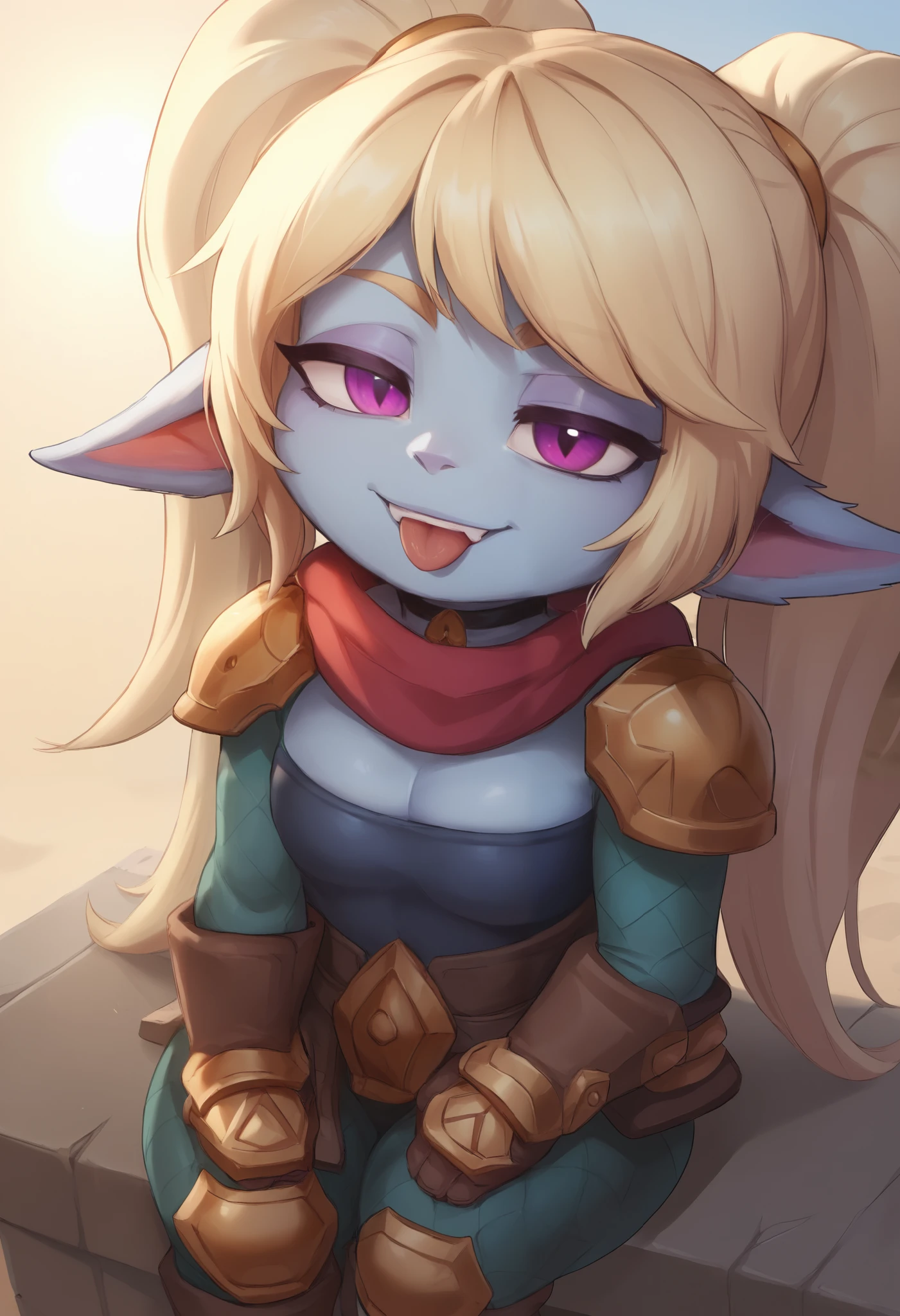 score_9, score_8_up, score_7_up, rating_safe, 1girl, (shortstack:1.3), cute, p0ppy, yordle, blonde hair, blue skin, big twintails, shoulder armor, small breasts, huge hips.(head tilt:1.3), smug, bedroom eyes, close-up, cleavage, scarf, tongue out, against wall, solo, 4 fingers.  choker. swimsuit, a sun hat. beach. sitting