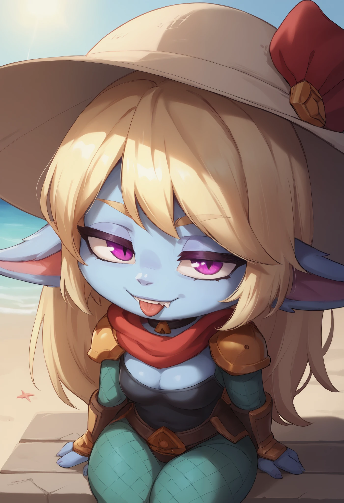 score_9, score_8_up, score_7_up, rating_safe, 1girl, (shortstack:1.3), cute, p0ppy, yordle, blonde hair, blue skin, big twintails, shoulder armor, small breasts, huge hips.(head tilt:1.3), smug, bedroom eyes, close-up, cleavage, scarf, tongue out, against wall, solo, 4 fingers.  choker. swimsuit, a sun hat. beach. sitting