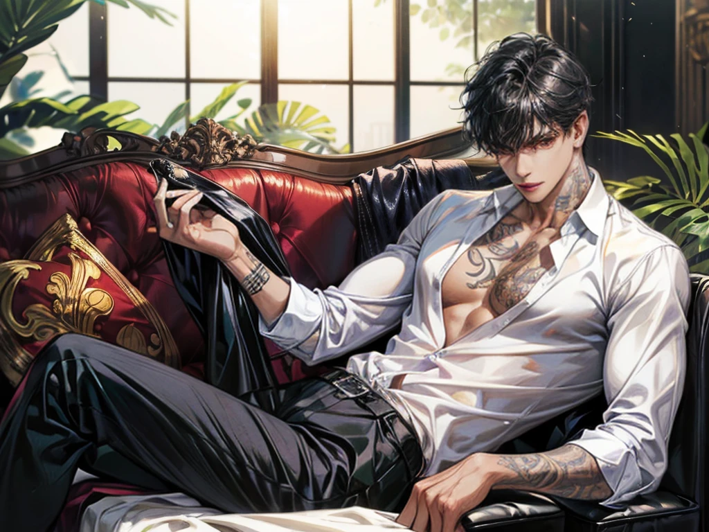 a young man, handsome, Good looking, Dark skin, have muscles,Big shape,Screenhead hair, Full body tattoo, Sit on a black sofa.