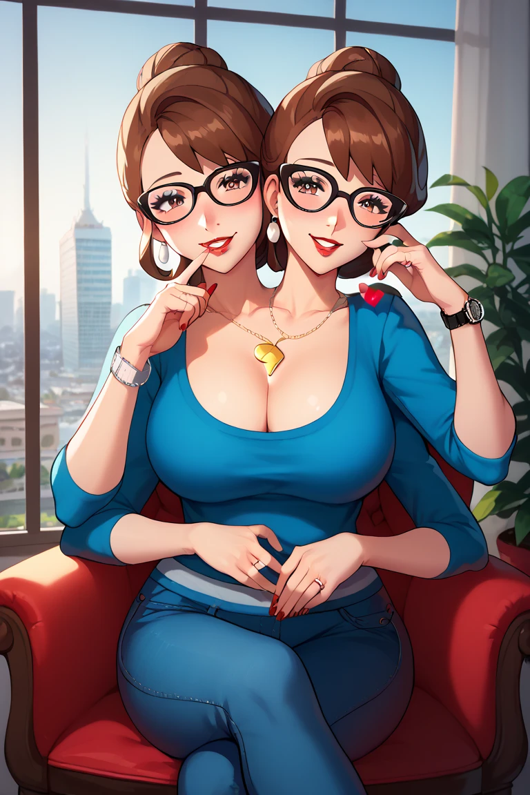 high resolution, highly detailed, perfect lighting, beautiful detailed eyes, ((masterpiece,best quality)), absurdres,      smile,  solo,  gloria (pokemon),  two heads, long hair, brown eyes, eyeglasses, milf, blue shirt, jewelry, heart shaped necklace, blue jeans official alternate costume,   curvy,  big breasts, cheek rub, blushing, earrings, wedding ring, city apartment, siting on chair, legs crossed, fancy wristwatch, silver eyeliner, red lips, red fingernails, 4 arms, playing with hair, finger biting, three breasted, cleavage