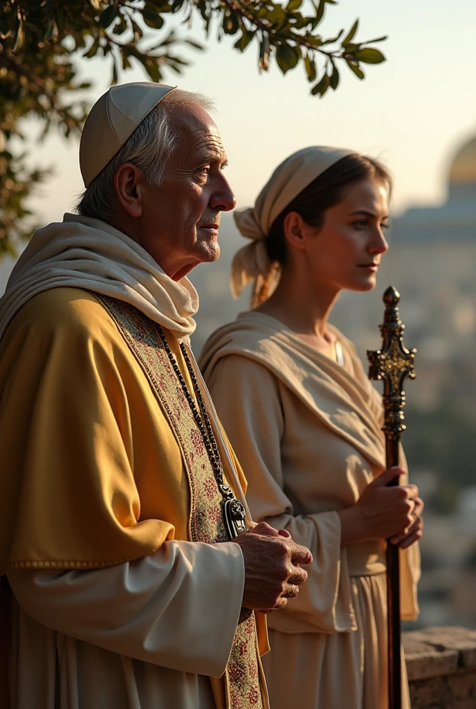 
Side view, 2 standing , looking Camera, Roma Pope of Francis, standing pose,  Society of Jesus  87-age,  smile ,(White hair, serious,  metal cross), tiara, Catholics Pope wear, Melanie Laurent,  golden hair, middle hair, little diary face, serious, ancient Jewish wool rags wear, white see-through veil,  , before dawn, front fig tree , in Jerusalem, AM:6.00, (photographic, super high definition , retina, masterpiece, anatomically correct, Accurate, textured skin, super detailed, High Details , High Quality , High Quality , high definition , 8k))