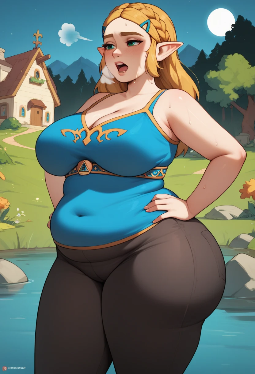 High quality,  high resolution, 1 girl, princess Zelda, ZeldaSDXL, chubby, soft midsection, wide hips, fat butt, hige butt, big butt, thick thighs, big breasts, pearshaped, hyrule, adventure, confident, positive, sunny, outside a cottage near a lake, blue tanktop,, black pants with yellow stripes, tight pants, night, standing, outdoors, hands on hip, open mouth, out of breath, sweaty, sweating, exhuasted, tired exporession, sexy, hot, tounge slighty out, sexy zelda, open mouth 