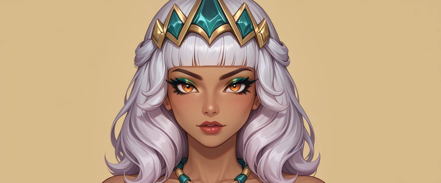 ((Glamour Portrait)),(score_9, score_8_up:1.1),score_7_up,1girls,qiyana \(league of legends\),
Qiyana Yunalai, silver-white hair, dramatic eye makeup, golden eyeshadow, dark eyeliner, turquoise eyes, amber eyes, golden-orange eyes, regal aura, majestic aura, Empress, Imperial Majesty, Highness, Radiant, Elegant, Stunning, beautiful, Tiara, Crown, Gold headband, Decorative headpiece, Sleek, High-ponytail, Regal, Stylized, Athletic, Curvaceous, Defined muscles, Graceful, Well-proportioned, Tribal markings, Regal attire, Elemental Powers, Elemental Abilities, commanding stance, Confident expression, Royal, prestige, prestigious, female focus, Sovereign, mature personality, very feminine, deep brown skin, dark brown skin, Full-body,Detailed, Fantasy art, League of Legends, Cinematic, Epic, Highly detailed, Digital painting, top pulled down 