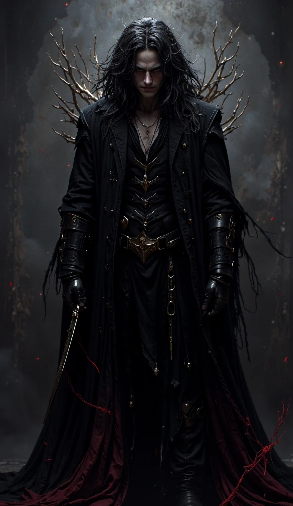 (( RAW photo), absurdo, ( absurd resolution)),  masterpiece,  best quality, ( Extremely detailed 8k unit CG wallpaper), (mejor ilustración), (Better shadow),  realistic lighting ,  detailed and beautiful brightness , ((30 YEARS)),  Full body , vampire,  long black hair ,  accessories ((( Photographic perspective of him )))