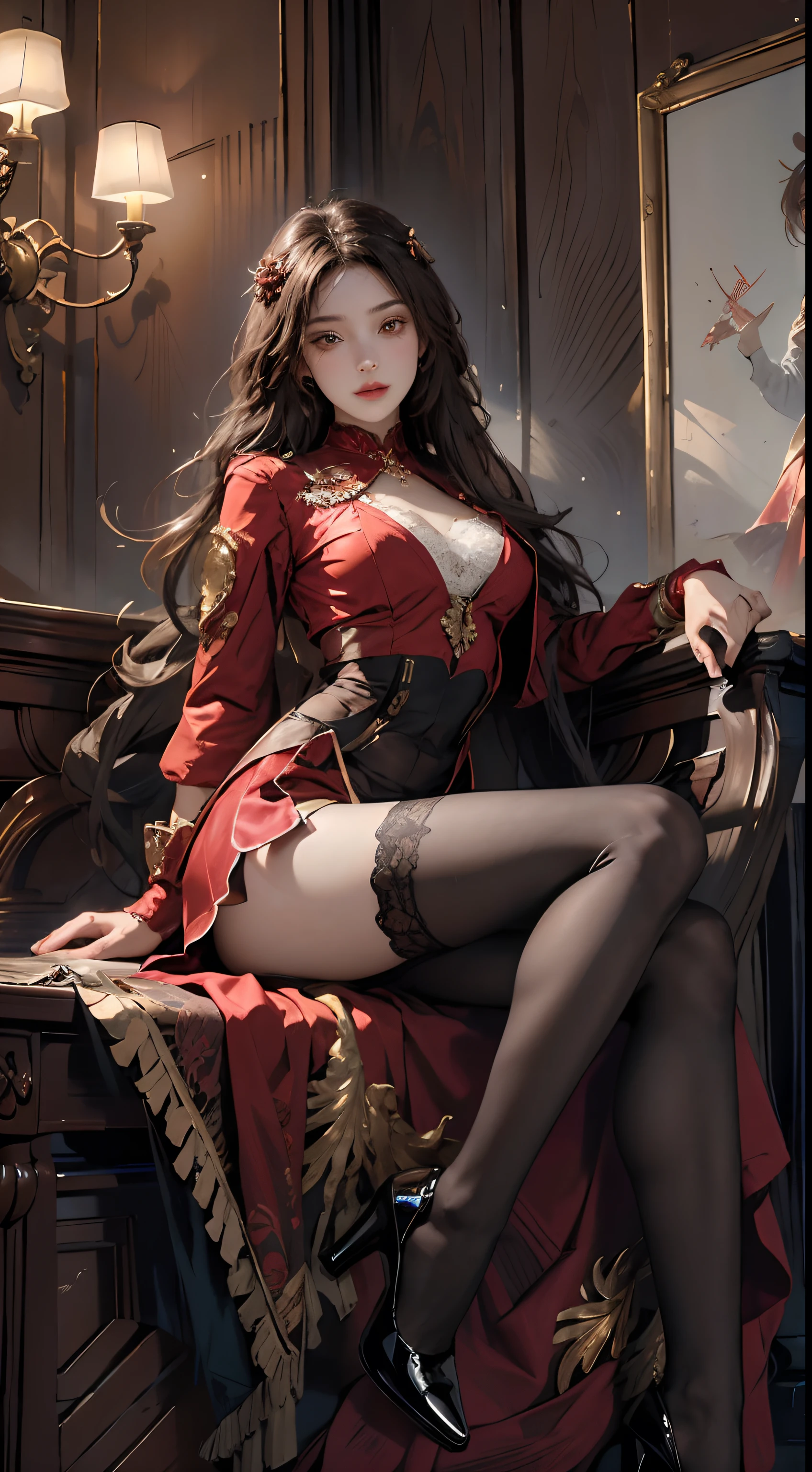 ((Masterpiece, Highest quality)), Detailed face, CharacterDesignSheet,full bodyesbian, Full of details, Multiple poses and expressions, Highly detailed, Depth, Many parts,beuaty girl,cinmatic lighting,with light glowing,Red and gold,Phoenix decoration,light yarn,Lace,lacepantyhose,high-heels