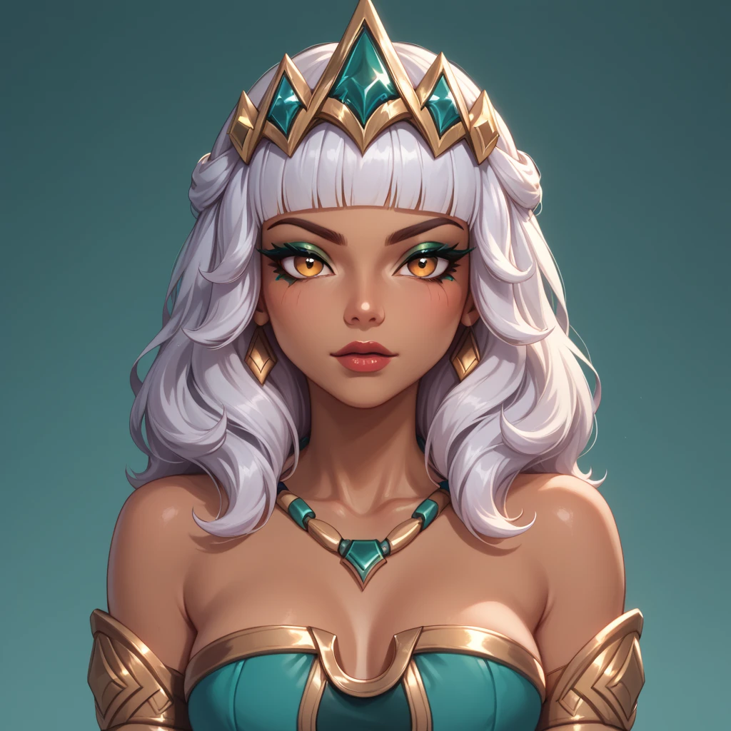 ((Glamour Portrait)),(score_9, score_8_up:1.1),score_7_up,1girls,qiyana \(league of legends\),
Qiyana Yunalai, silver-white hair, dramatic eye makeup, golden eyeshadow, dark eyeliner, turquoise eyes, amber eyes, golden-orange eyes, regal aura, majestic aura, Empress, Imperial Majesty, Highness, Radiant, Elegant, Stunning, beautiful, Tiara, Crown, Gold headband, Decorative headpiece, Sleek, High-ponytail, Regal, Stylized, Athletic, Curvaceous, Defined muscles, Graceful, Well-proportioned, Tribal markings, Regal attire, Elemental Powers, Elemental Abilities, commanding stance, Confident expression, Royal, prestige, prestigious, female focus, Sovereign, mature personality, very feminine, deep brown skin, dark brown skin, Full-body,Detailed, Fantasy art, League of Legends, Cinematic, Epic, Highly detailed, Digital painting, top pulled down 