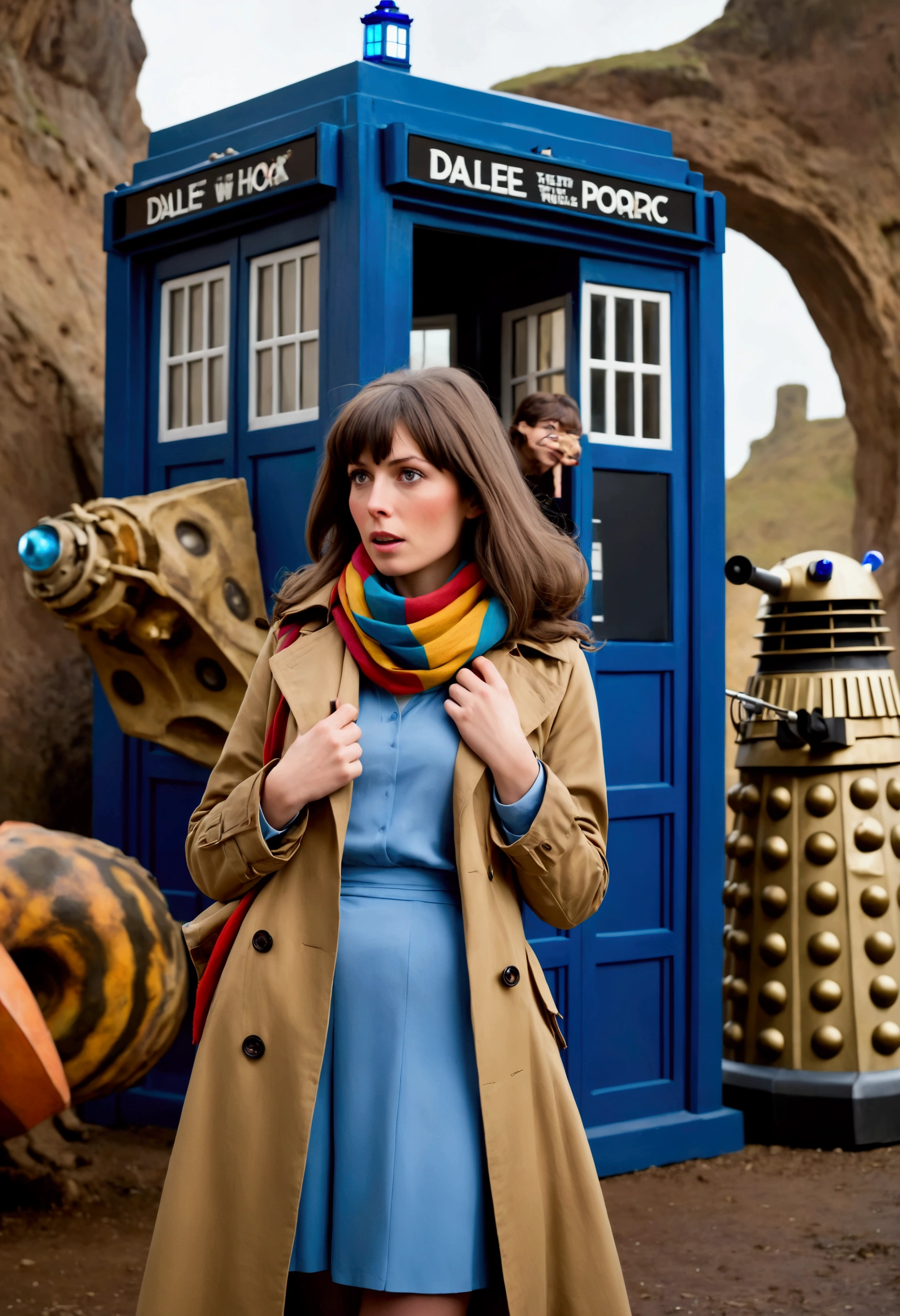 A cute woman in a plain brown trench coat and a colorful scarf (she is in the role of the fourth doctor Who), she is arrogantly speaking to a Dalek, 1970s sci fi alien world set,blue Tardis in corner