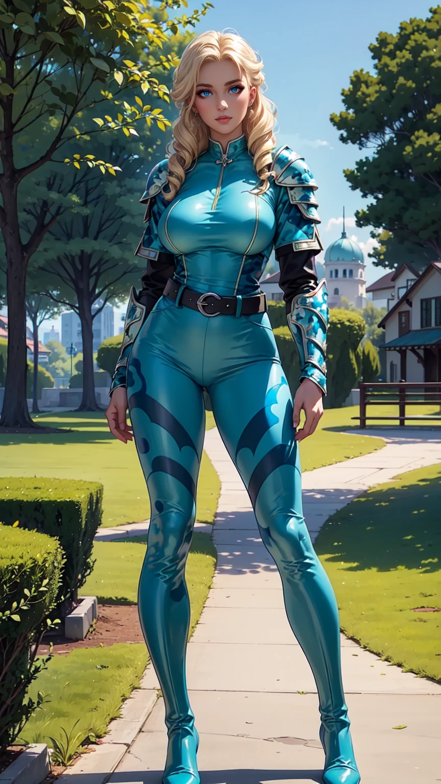 Elsa,High definition,high resolution,Ultra-realistic,8K,blonde curly hair,blond long curly long tail.cyan blue Crop Leahter Jacket, digitalcamouflage,Cyan Blue Body Armor, big breasts,belt,long cyan blue Trousers, cyan blue boots, standing in a Park