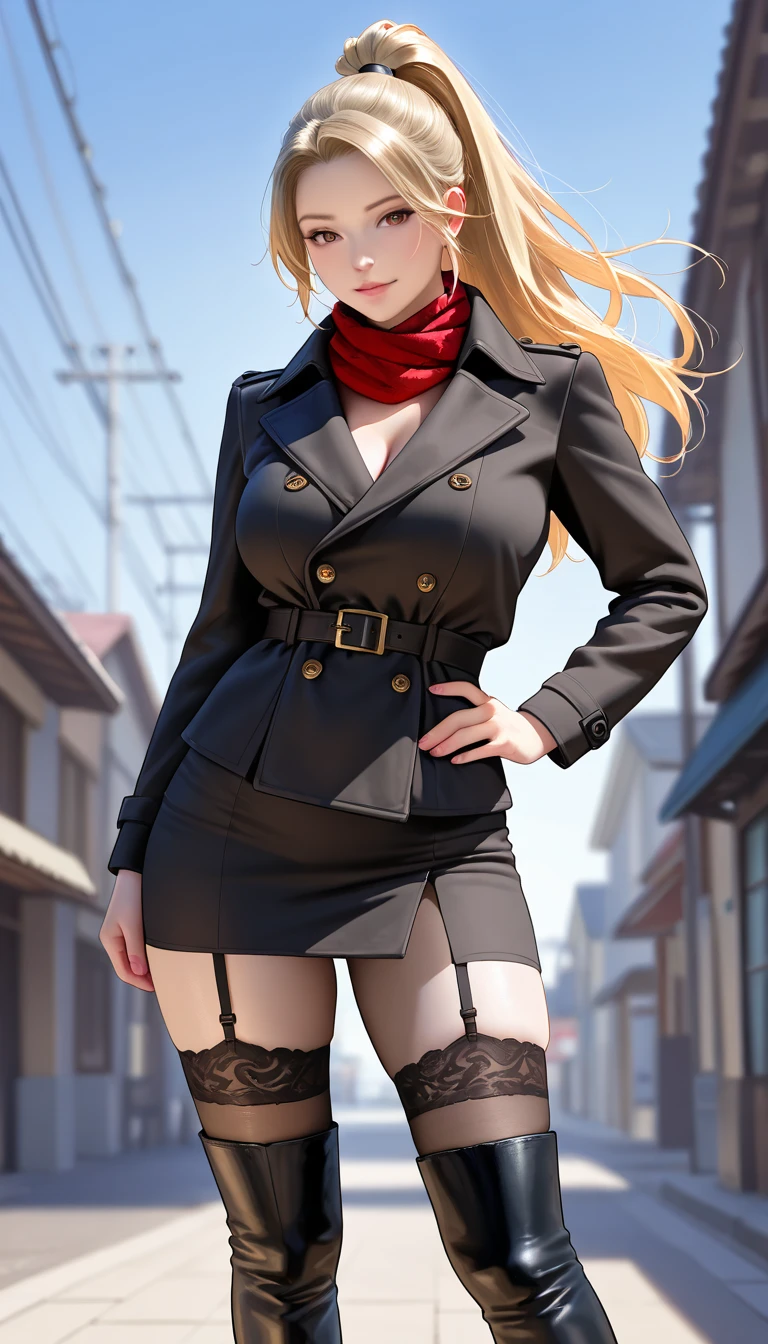 realistic, High resolution, soft light,1 female, alone, hip up, glowing skin, (detailed face),tattoo, jewelry, Bizarre uniform, black stockings, garter belt, night, blonde hair, wavy hair, Beautiful Soldier, Eyes that invite the viewer, lover's perspective, an inviting look, sexy smile, perfect style, perfect balance, fine skin, naughty look, I can see your chest