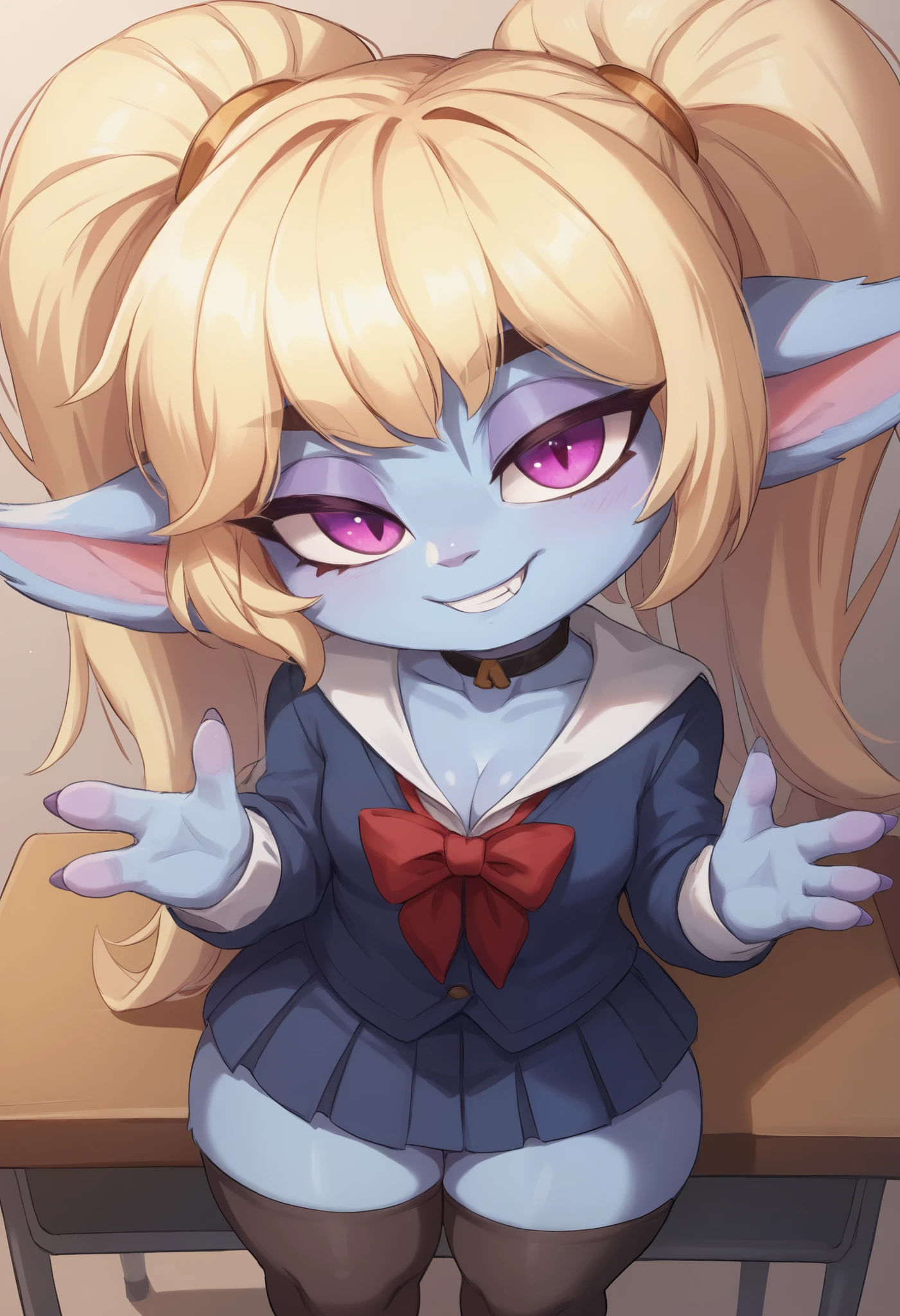 score_9, score_8_up, score_7_up, rating_safe, 1girl, (shortstack:1.3), cute, p0ppy, yordle, blonde hair, blue skin, big twintails, small breasts, huge hips.(head tilt:1.3), smug, bedroom eyes, close-up, cleavage, solo, 4 fingers.  choker.  school uniform. school class. desk. stockings