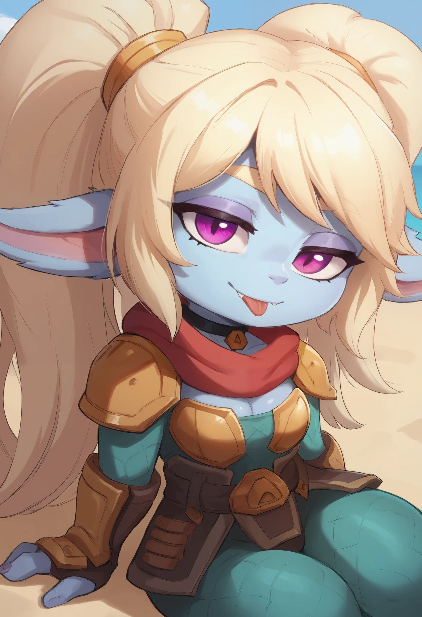 score_9, score_8_up, score_7_up, rating_safe, 1girl, (shortstack:1.3), cute, p0ppy, yordle, blonde hair, blue skin, big twintails, shoulder armor, small breasts, huge hips.(head tilt:1.3), smug, bedroom eyes, close-up, cleavage, scarf, tongue out, against wall, solo, 4 fingers.  choker. swimsuit, a sun hat. beach. sitting