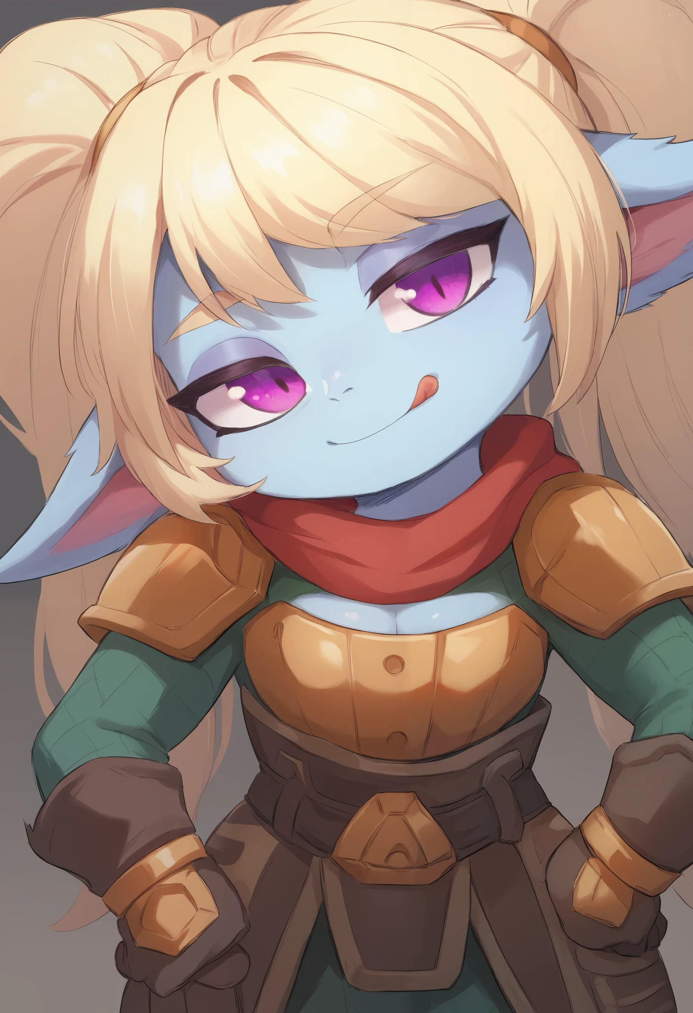 score_9, score_8_up, score_7_up, rating_safe, 1girl, (shortstack:1.3), cute, p0ppy, yordle, blonde hair, blue skin, big twintails, armor, shoulder armor, small breasts, huge hips.(head tilt:1.3), smug, bedroom eyes, close-up, cleavage, scarf, tongue out, against wall, solo, hand on hip, 4 fingers Show less