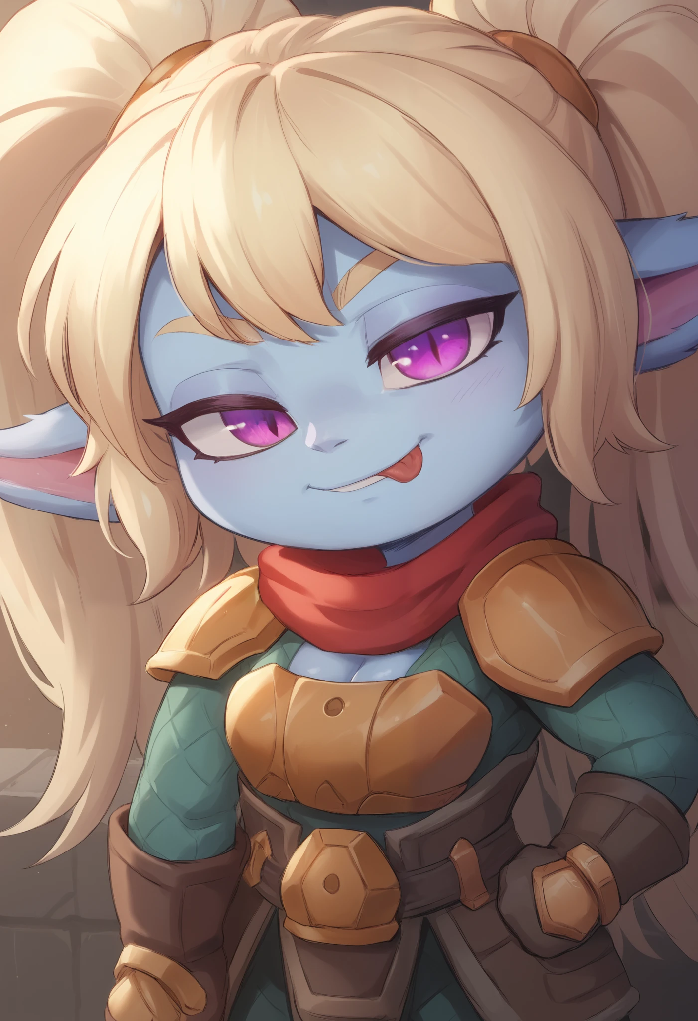 score_9, score_8_up, score_7_up, rating_safe, 1girl, (shortstack:1.3), cute, p0ppy, yordle, blonde hair, blue skin, big twintails, armor, shoulder armor, small breasts, huge hips.(head tilt:1.3), smug, bedroom eyes, close-up, cleavage, scarf, tongue out, against wall, solo, hand on hip, 4 fingers Show less