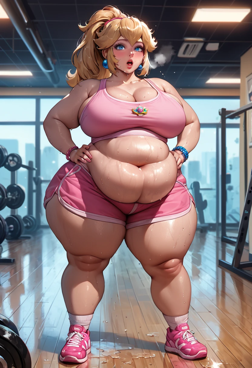 score_9, score_8_up, score_7_up, BREAK, 1girl, solo, princess peach, 1girl, solo, , blonde hair, ponytail, jewelry, bracelet, makeup, casual, cowboy shot, blue eyes, looking at the viewer, large breasts, hands on hips, pink tanktop, sweaty, pink shorts, sweating profusely, open mouth, exhausted, heavy breathing, puddle of sweat on the ground, steam coming out her mouth, gym, indoors, she wears pink shoes, thick, obese, soft belly, chubby, wide hips, sexy hips, full body, big belly, thicc thighs, chubby arms
