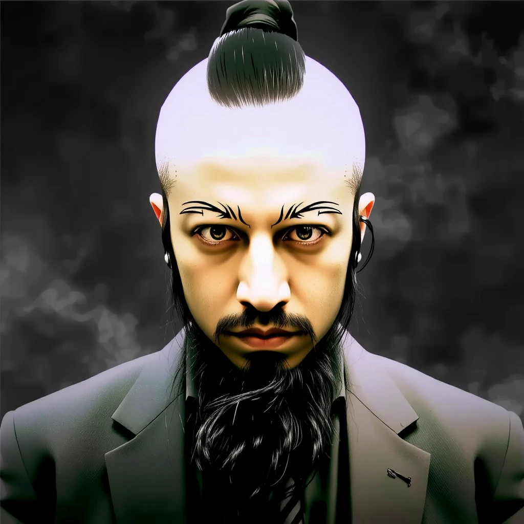 Portrait of Draxtar, a brooding man with disheveled black hair tied back in a rough ponytail, long unruly beard, sharp facial features, dramatic lighting, chiaroscuro, cinematic, high contrast, moody, intense, gritty, hyper-realistic, 8k, best quality, masterpiece, professional, photo-realistic, ultra-detailed, cinematic lighting, dramatic shadows, cinematic composition, chiaroscuro lighting, dark and moody atmosphere
