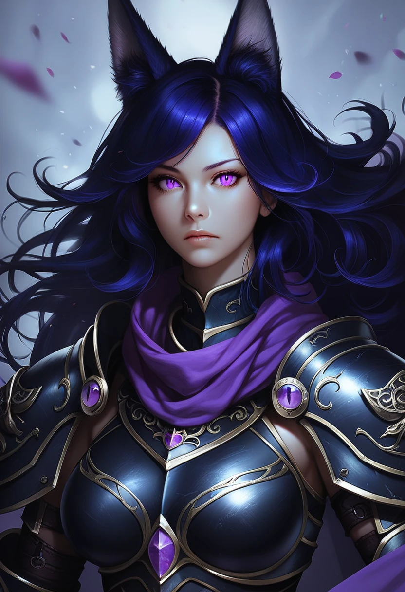 One woman, mature, anime, female anime character, purple eyes, sharp face, slit pupils, expressionless, seven black fox tails, large fox ears, black flowing hair, in a black plate armor with a purple scarf, claws, fingerless gauntlets, templar, detailed anime character art, dark, facing center, dark armor, sharp focus,arm0rs3nt1n3l, dark theme, low light, zPDXL3.