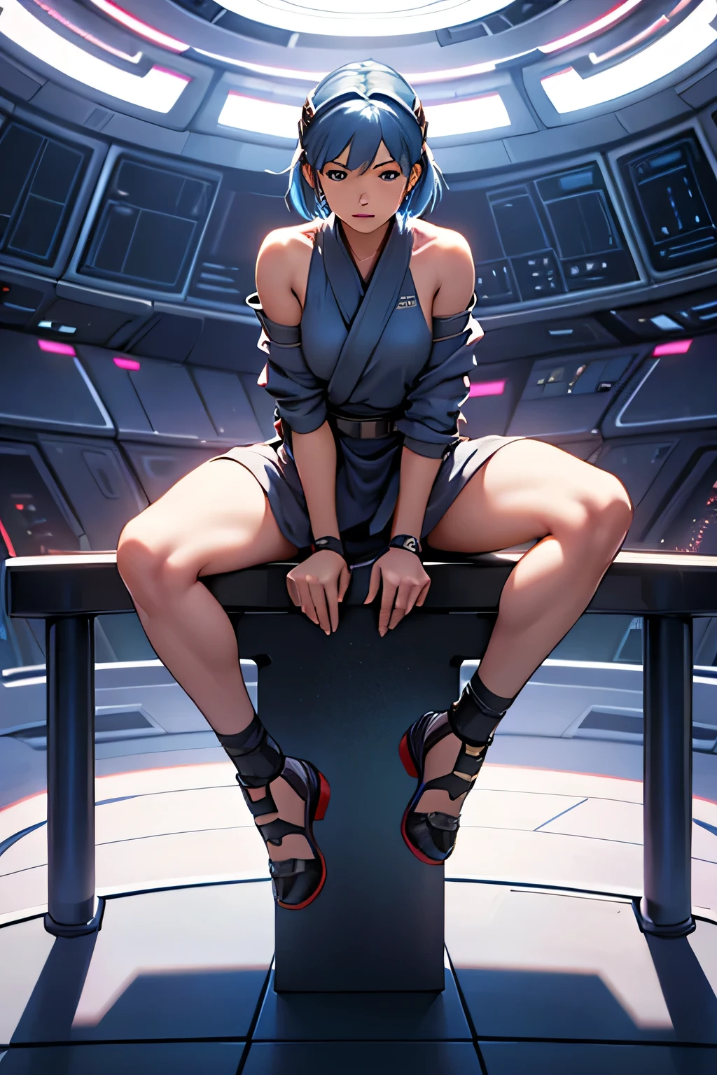  Star Wars Human Girls，Sitting，Full front view， opens her legs to show the audience no panties， full body，Legs visible ，Jedi Knight ，Overlooking，tease