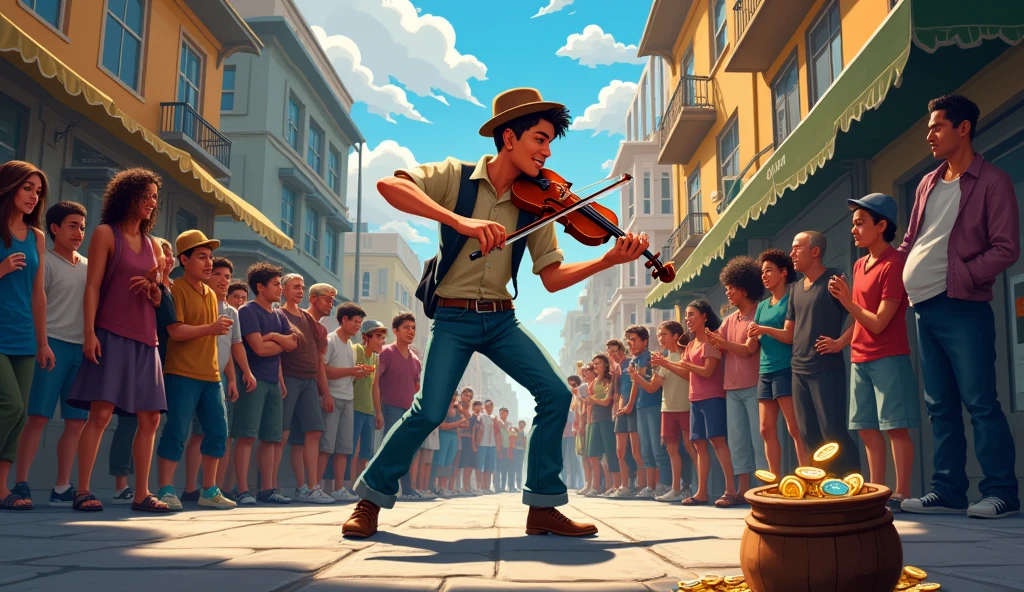 Ultra detailed illustration, ((oil painting a young man in Roberto Ferri style, fullcolor, Latino, slim toned fitness body, defined muscles, perfect anatomy, short black wavy hair, Roman nose, thin lips, square chin, diamond shaped face, barefoot, shirtless, wearing orange and green shorts, standing playing the violin) (David Alfaro Siqueiros style background, you can see Plaza de la Constitucion in mexico city ), evokes masculine beauty and art.