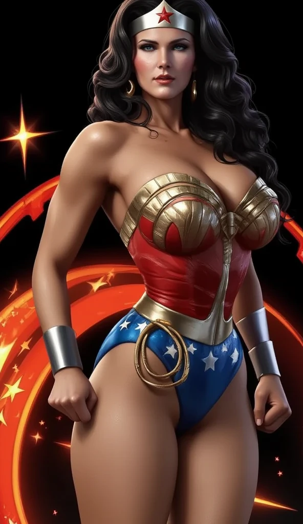  A gorgeous Wonder Woman in a tight red and blue,  long, dark hair ,  Beautiful Detailed Eyes ,  Striking facial features ,  Athletic physique , confident  Powerful  posture,  in an impressive motion position , Dynamic Lighting,  Dramatic cinematic scenes ,  digital painting , Complex and detailed rendering ,  ultra-realistic, 8K, vibrant colors,  Dramatic Shadows ,  movie lights, heroic,  Powerful , Awesome 