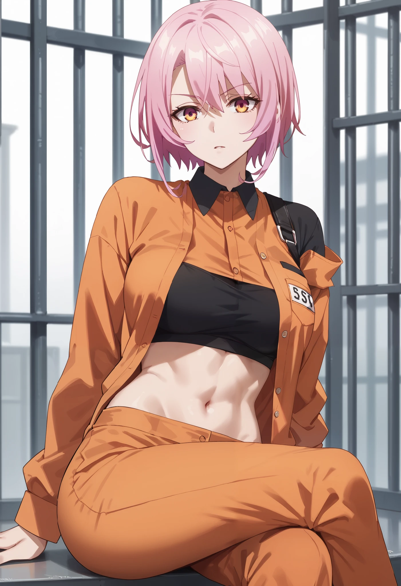 score_9,score_8_up,score_7_up,,solo,smart_sitri,short_hair,pink_hair,1girl,prison orange uniform,tight orange pants,black sport bra,orange blouse,open blouse,midriff,navel,sitting,crossed legs