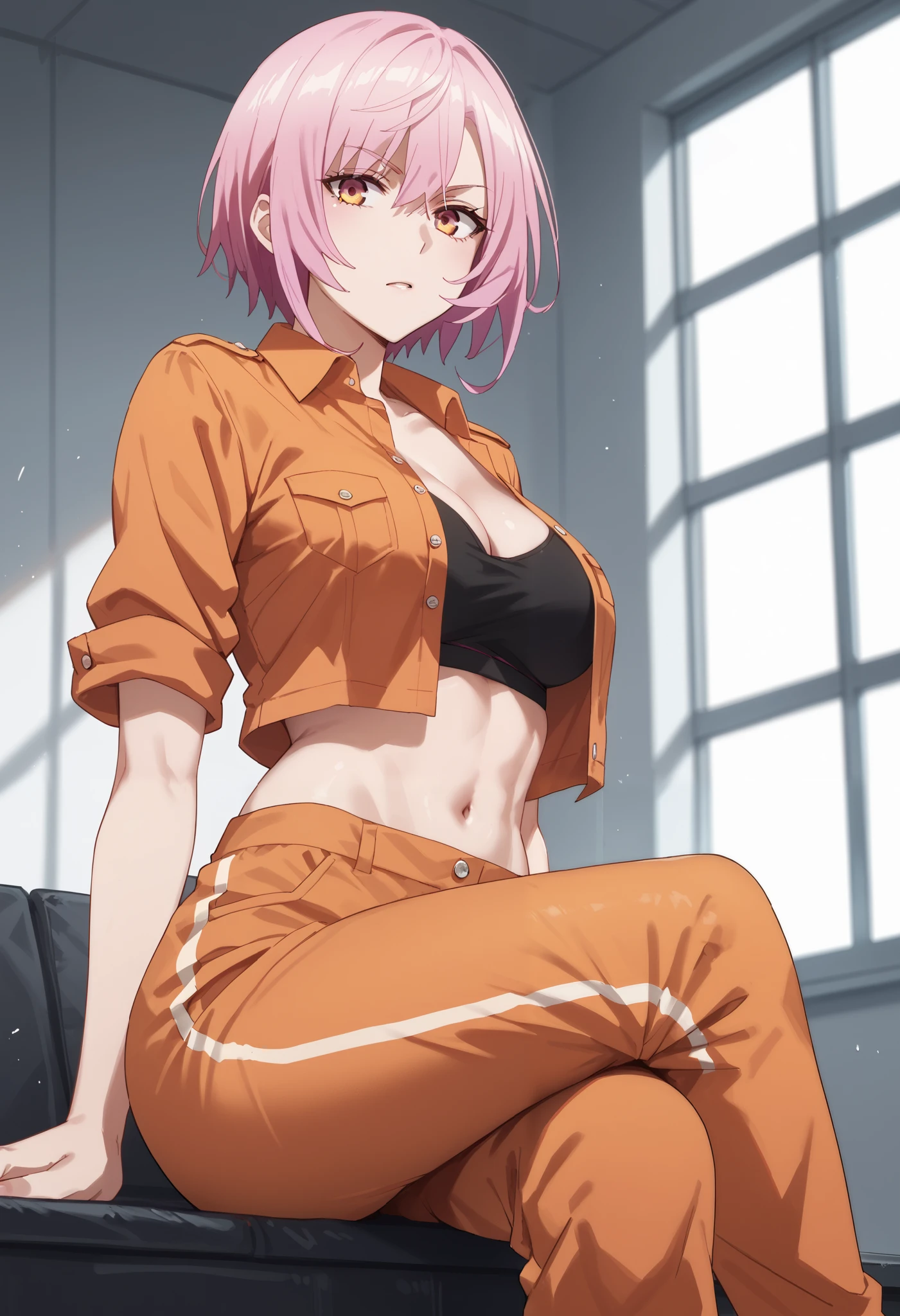 score_9,score_8_up,score_7_up,,solo,smart_sitri,short_hair,pink_hair,1girl,prison orange uniform,tight orange pants,black sport bra,orange blouse,open blouse,midriff,navel,sitting,crossed legs