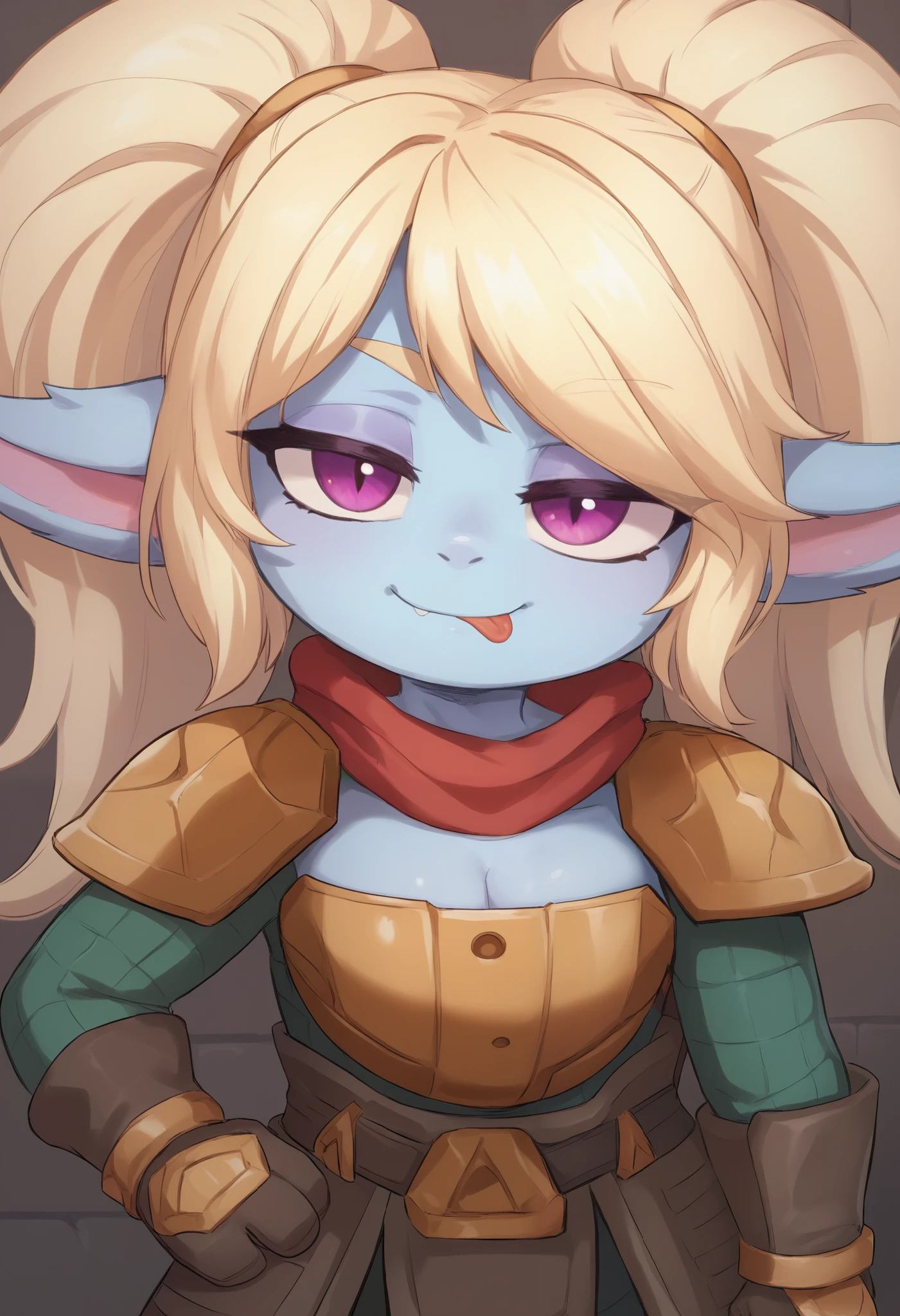 score_9, score_8_up, score_7_up, rating_safe, 1girl, (shortstack:1.3), cute, p0ppy, yordle, blonde hair, blue skin, big twintails, armor, shoulder armor, small breasts, huge hips.(head tilt:1.3), smug, bedroom eyes, close-up, cleavage, scarf, tongue out, against wall, solo, hand on hip, 4 fingers Show less