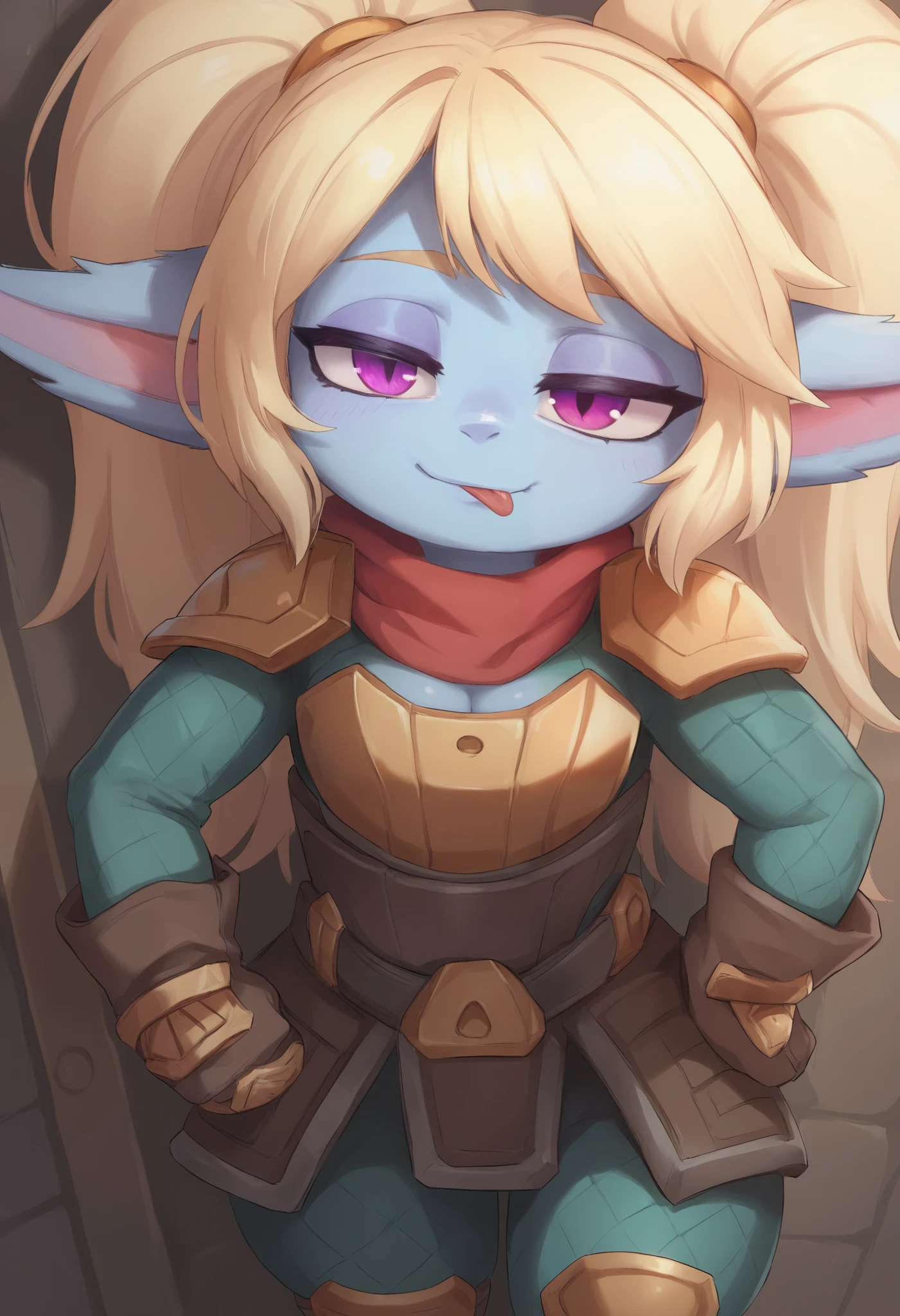 score_9, score_8_up, score_7_up, rating_safe, 1girl, (shortstack:1.3), cute, p0ppy, yordle, blonde hair, blue skin, big twintails, armor, shoulder armor, small breasts, huge hips.(head tilt:1.3), smug, bedroom eyes, close-up, cleavage, scarf, tongue out, against wall, solo, hand on hip, 4 fingers Show less