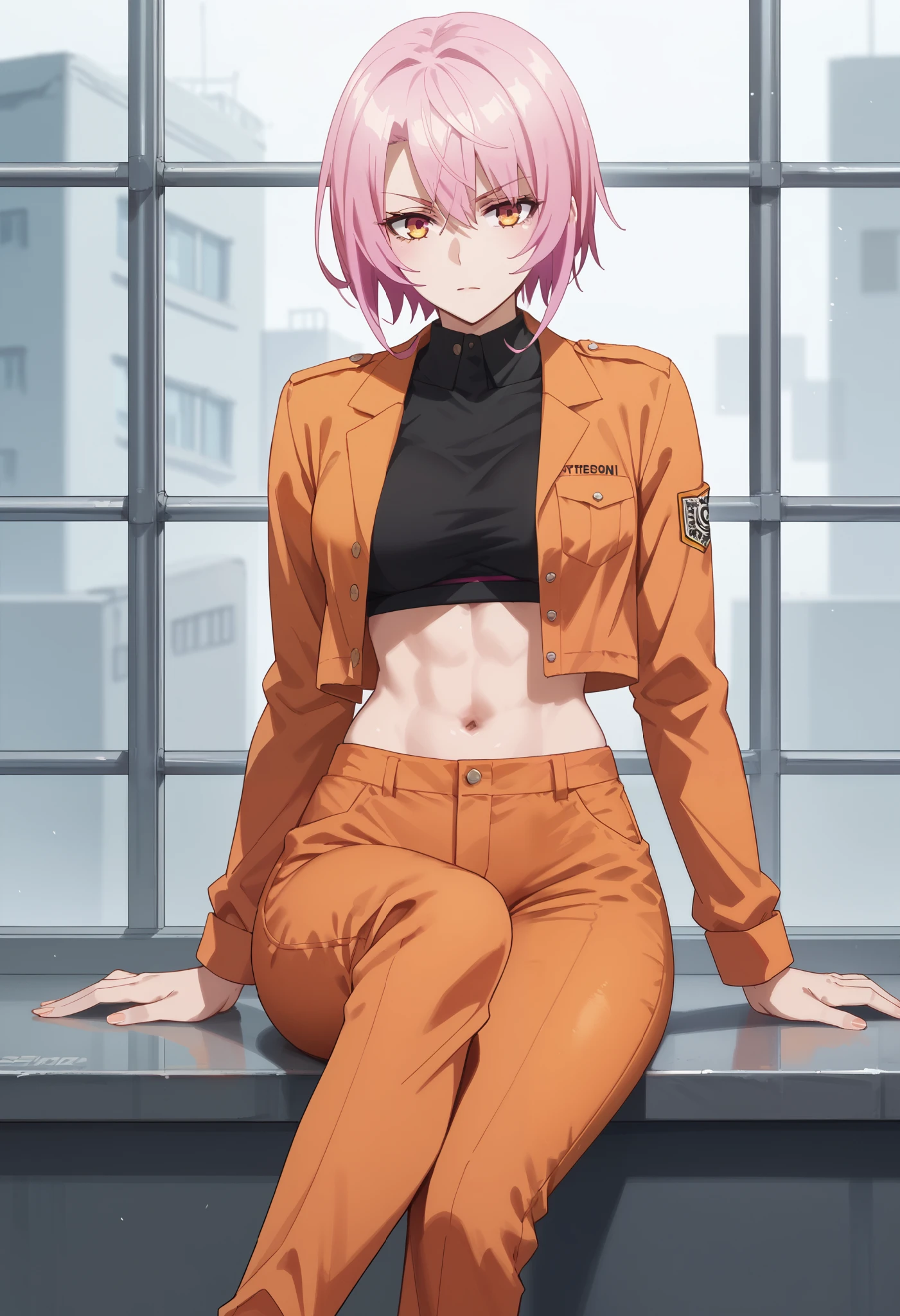 score_9,score_8_up,score_7_up,,solo,smart_sitri,short_hair,pink_hair,1girl,prison orange uniform,tight orange pants,black sport bra,orange blouse,open blouse,midriff,navel,sitting,crossed legs