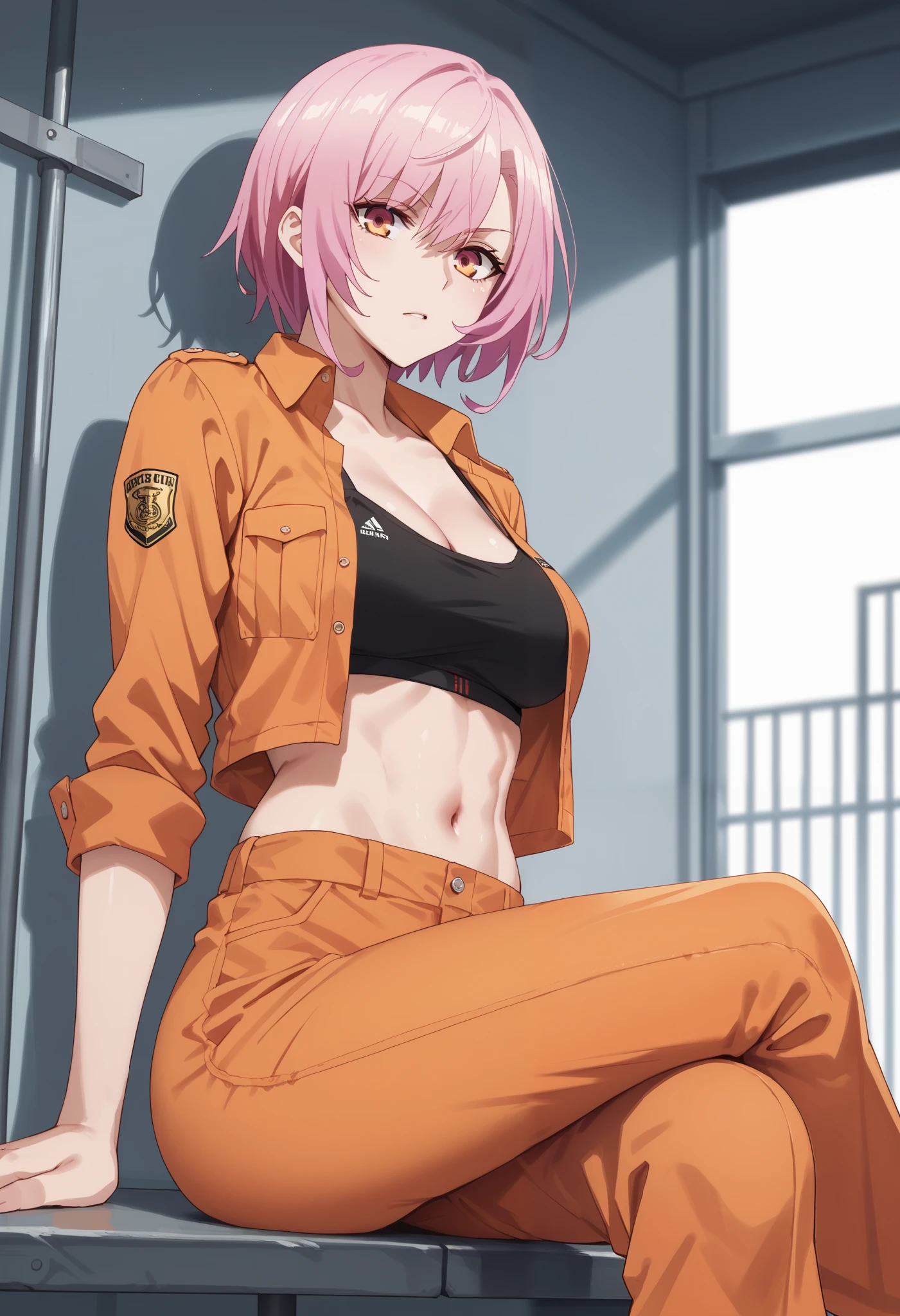 score_9,score_8_up,score_7_up,,solo,smart_sitri,short_hair,pink_hair,prison orange uniform,tight orange pants,black sport bra,orange blouse,open blouse,midriff,navel,sitting,crossed legs