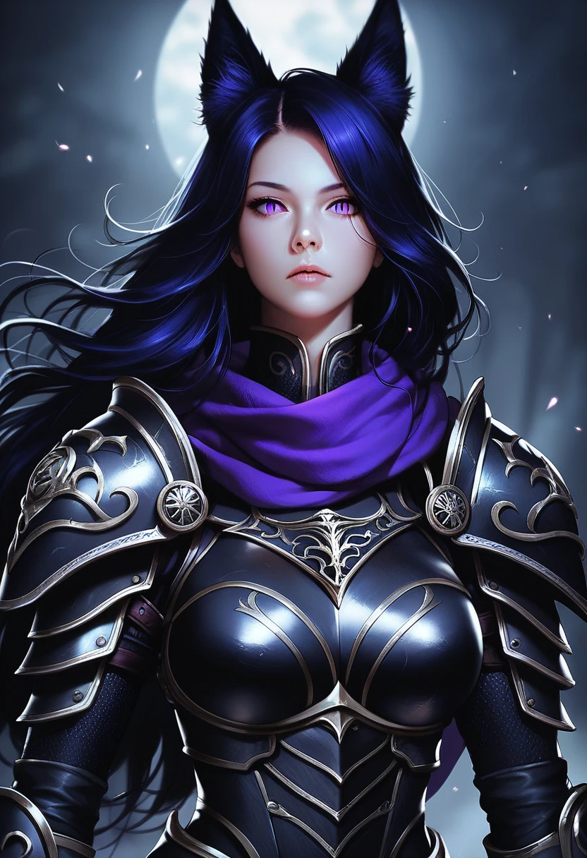 One woman, mature, anime, female anime character, purple eyes, sharp face, slit pupils, expressionless, seven black fox tails, large fox ears, black flowing hair, in a black plate armor with a purple scarf, claws, fingerless gauntlets, templar, detailed anime character art, dark, facing center, dark armor, sharp focus,arm0rs3nt1n3l, dark theme, low light, zPDXL3.