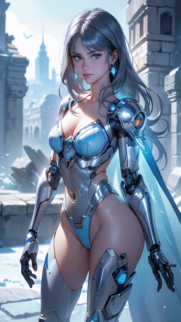 (La Best Quality,A high resolution,Ultra - detailed,actual),Selena Gomez ,(Ruined dungeon ruins background:1.4 ), (BodySuit cyborg white mechanical transparent :1.4), holding pen,(half body blue :1.4) ,Woman,26 years,smile, cute action,(grey  hair:1.4) ,wide hip,(white bikini:1.4) , (orange background:1.1) , nipple, anime girl,very high contrast,deep color, BLUSH,absurdres, ultra detailed, masterpiece, best quality, aesthetic, detailed, ,(Ruined dungeon ruins background:1.4 ),( perfect anatomy :1.4), More detailed 8K.unreal engine:1.4,UHD,La Best Quality:1.4, photorealistic:1.4, skin texture:1.4, Masterpiece:1.8,first work, Best Quality,object object], (detailed face features:1.3),(The correct proportions),(Beautiful blue eyes),  (cowboy pose), (Selena Gomez :1.4), (has a super gil cape:1.4 ),( Traje white cyborg superman :1.4), (fondo cueva piedras grandes hielo congelado :1.4), (nsfw:1.4 ),(nsfw V2.1)