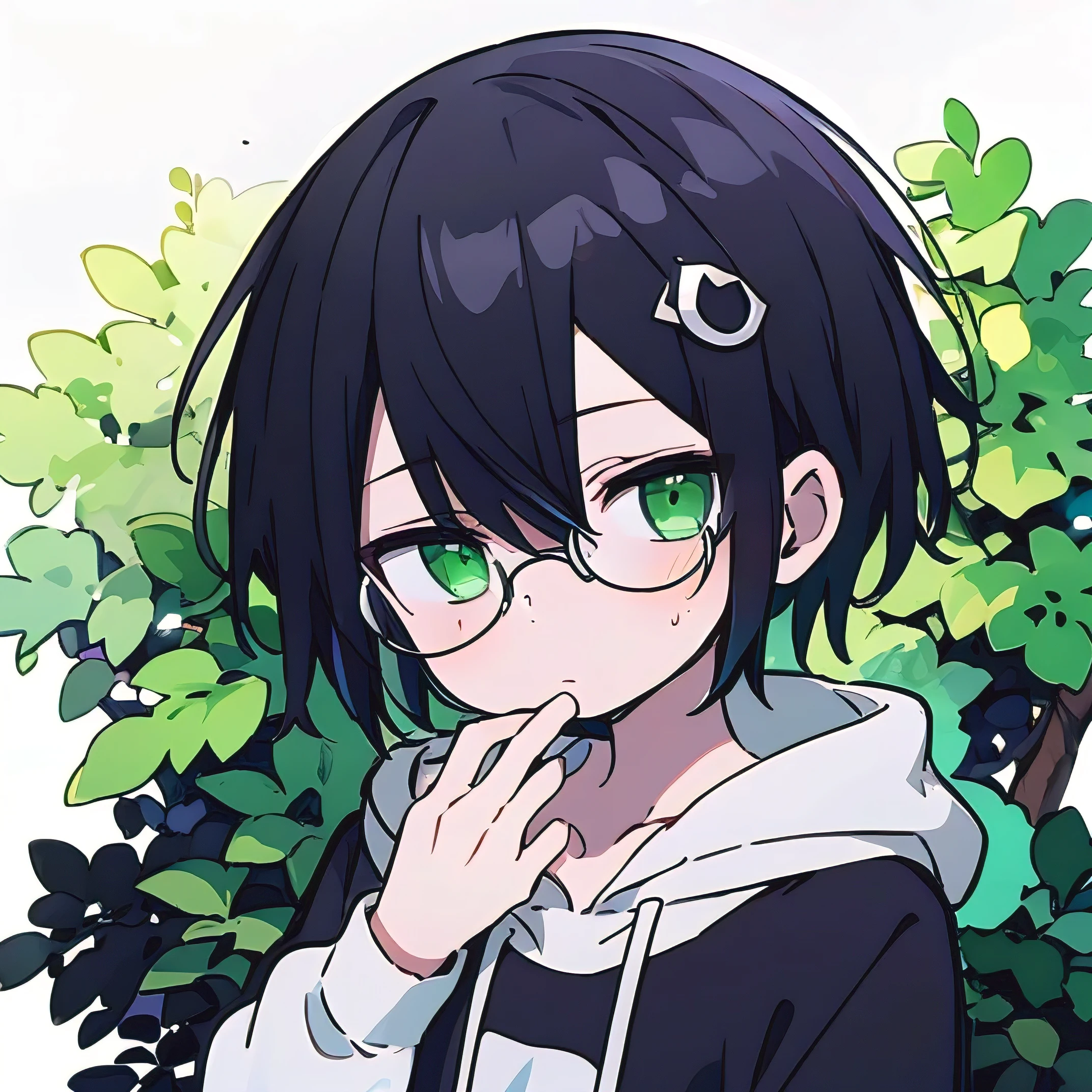  1 boy、 short hair、 multi-colored hair(white色、Dark Green)、 hoodie (white、black)、Glasses