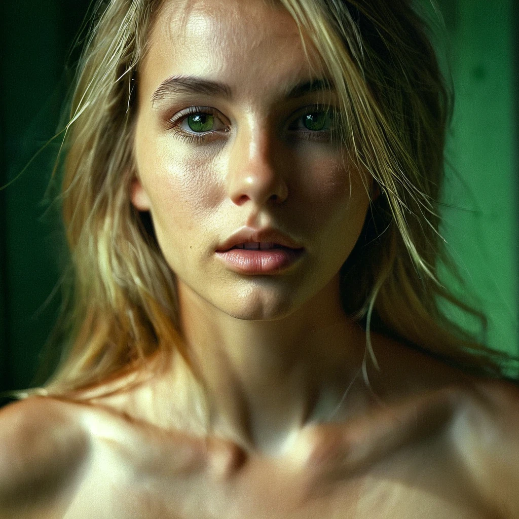 chiaroscuro lighting, analog color film photograph, 50mm F1.2L lens (shallow:1.2) depth of field, close-up, emotions, sensual pose, high dynamic range, HDR, low key(portrait:1.1)a young naked woman with long blonde hair,) perfect breasts, moody shadows and complex lighting. (Green:0.8) radiant eyes, RAW photography. 